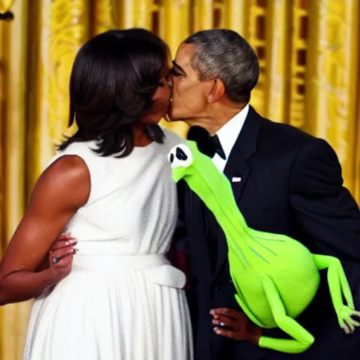 Image similar to Kermit and Obama kissing, Michelle Obama is in the background horrified