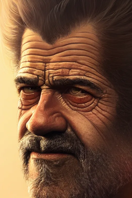 Prompt: ultra detailed close up facial portrait of mel gibson, extremely detailed digital painting, in the style of fenghua zhong and ruan jia and jeremy lipking and peter mohrbacher, mystical colors, rim light, beautiful lighting, 8 k, stunning scene, raytracing, octane, trending on artstation