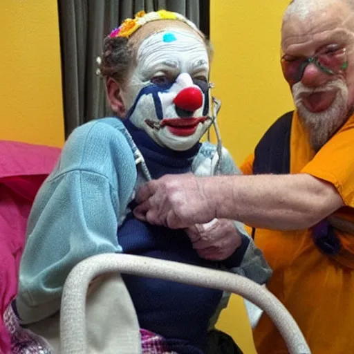 Image similar to elderly clown with violent restraints connected to hospital bed