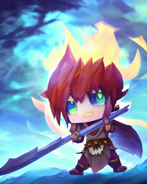 Image similar to oil painting of a cute chibi MapleStory warrior,, attacking, casting a spell with a spear, wearing a MapleStory warrior outfit, sharp focus, fantasy style, octane render, volumetric lighting, 8k high definition, by greg rutkowski, highly detailed, trending on artstation, magic the gathering artwork, Perion background from MapleStory, centered