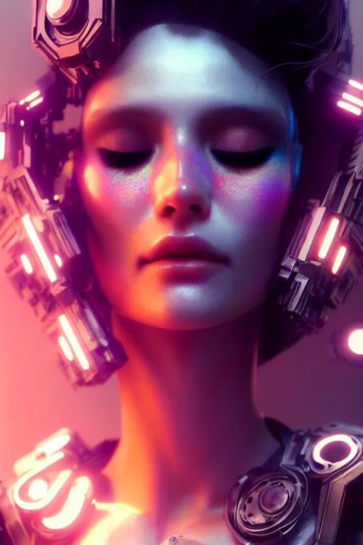 Prompt: beautiful android woman, eyes closed, photorealistic cinematic, 3 d model, cyborg, postcyberpunk, blade runner, octane render, volumetric light, concept art, vogue, 8 k, intricate detailed environment ( ( el dia los muertos ) ). by terry oneill and artgerm and kuciara and mucha