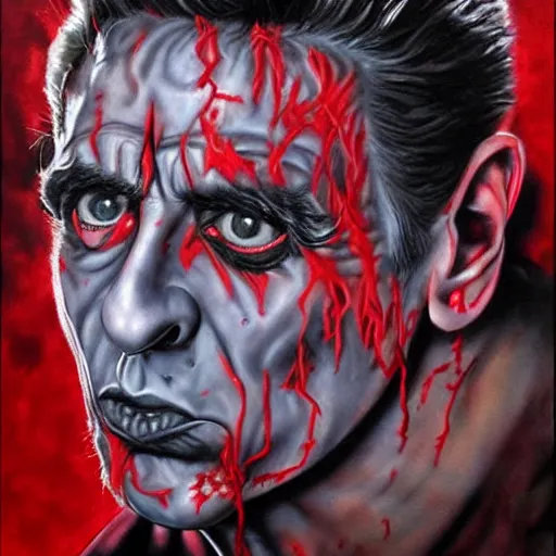 Image similar to al pacino's devilish version, red skin. black eyes. grunge, horror, dmt, dark and muted colors, detailed airbrush art, by yves klein