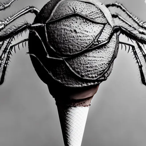 Prompt: detailed, textured photograph of a levitating chocolate ice cream cone with huge, hairy spider legs at the bottom. dramatic light.