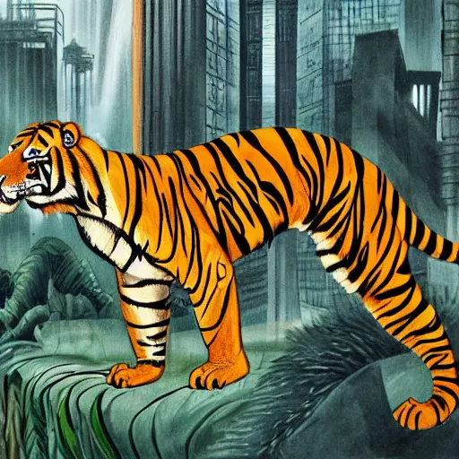 Prompt: a hybrid animal that is half tiger and half crocodile in a futuristic city scape on the edge of the jungle, rule of thirds, painting style of hugo pratt