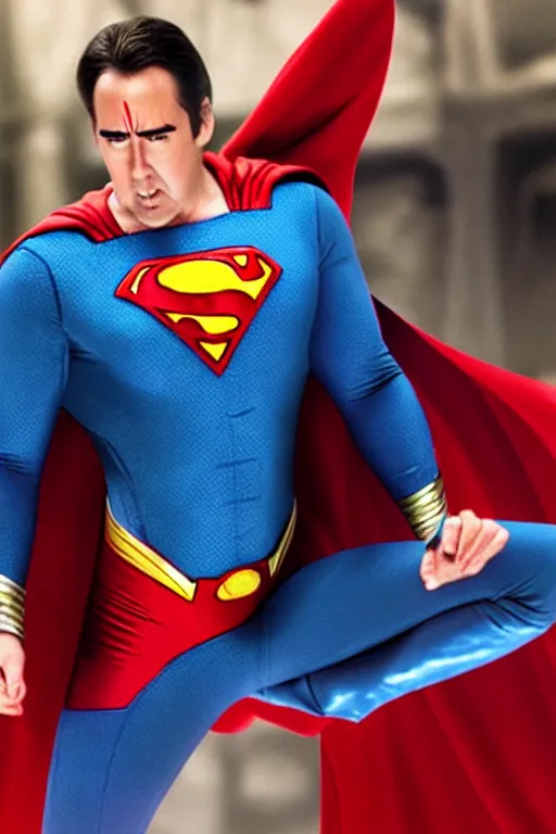 Image similar to nicholas cage as superman, live action, superhero movie, dramatic