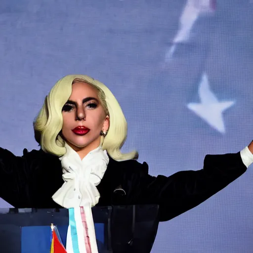 Image similar to Lady Gaga as president, Argentina presidential rally, Argentine flags behind, bokeh, giving a speech, detailed face, Argentina