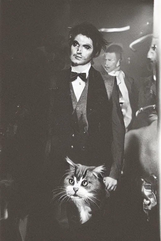 Prompt: of a gangster guy with the head of a british longhair cat, wearing vest suite in the night club, by greg rutkowski 3 5 mm photograph