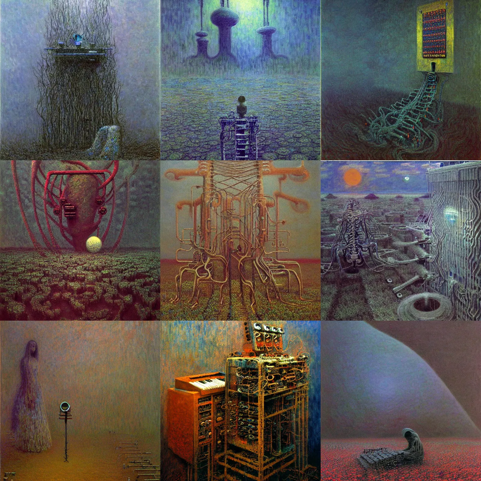 Prompt: zdislaw beksinski painting of a synthesizer, eerie eldritch art interpretation, mechanical, fantasy render, painting by claude monet