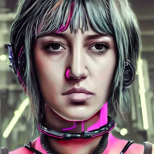 Image similar to detailed realistic female character cyberpunk wearing thick steel collar around neck, realistic, art, beautiful, 4K, collar, choker, collar around neck, punk, artstation, detailed, female, woman, choker, cyberpunk, neon, punk, collar, choker, collar around neck, thick collar, choker around neck, wearing choker, wearing collar, face, beautiful, cyberpunk,