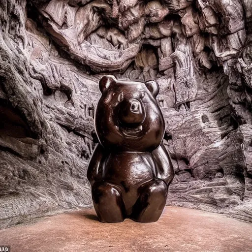 Prompt: a stunning image of a giant gummy bear on a pedestal, many people worshipping, dark cave like surrounding.