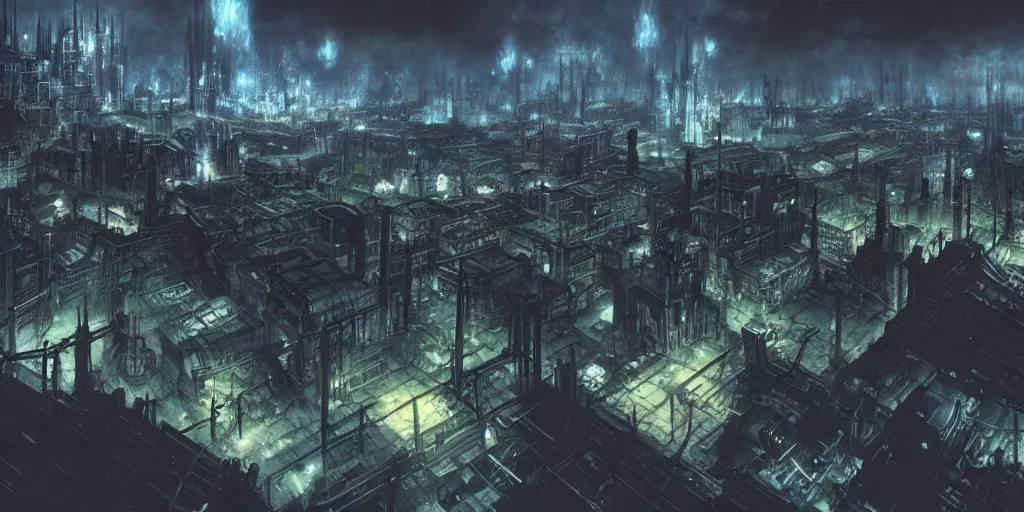 Prompt: concept art of city of midgar from final fantasy 7, dark atmosphere, drone photography