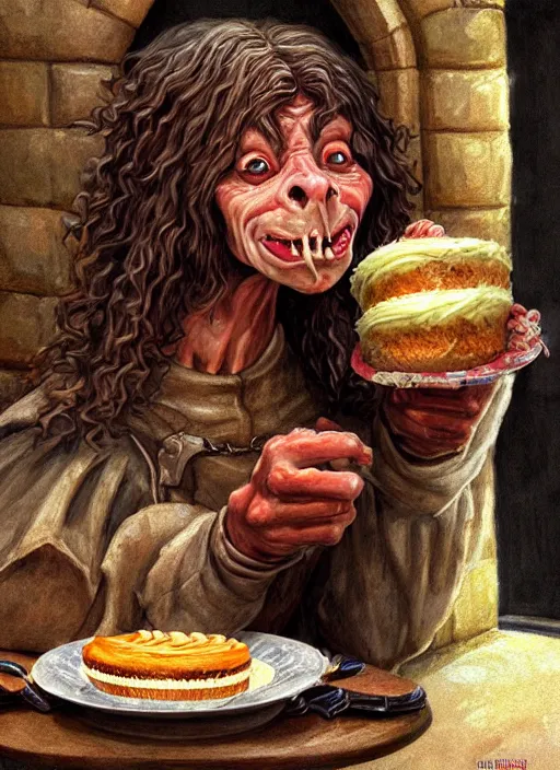 Image similar to portrait of a medieval goblin eating cakes in the cloisters, beautiful face, hyper realistic, highly detailed digital painting by earl norem, artstation illustration co