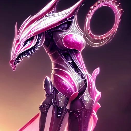 Image similar to highly detailed exquisite fanart, of a beautiful female warframe, but as a stunning anthropomorphic robot female dragon, robot dragon head, off-white plated armor, bright Fuchsia skin, elegant pose, full body shot, epic cinematic shot, realistic, professional digital art, high end digital art, DeviantArt, artstation, Furaffinity, 8k HD render, epic lighting, depth of field