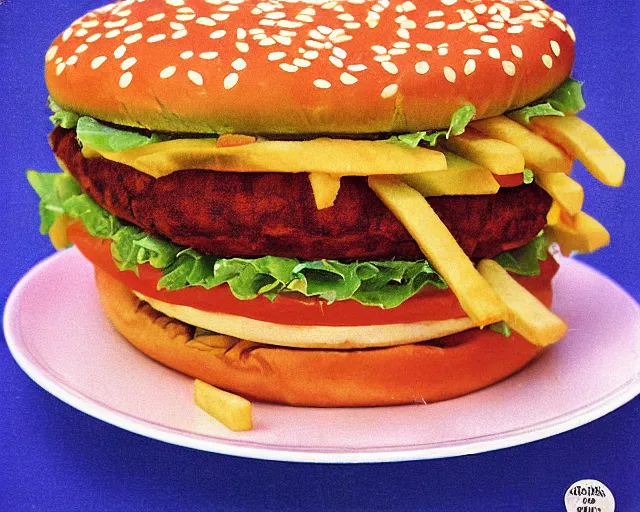 Image similar to 1970's cookbook color photograph of a big Mac with fries sharp detail high detail