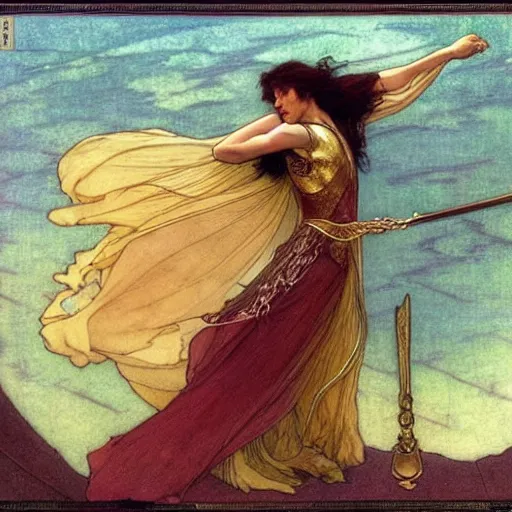 Prompt: a golden swordsman leans back as he dances elegantly in the wind, his robes and long hair flowing in the breeze, his enemies lying on the ground below, fantasy, Mucha, MTG, Game of Thrones, salsa dancing, Rossetti, Millais