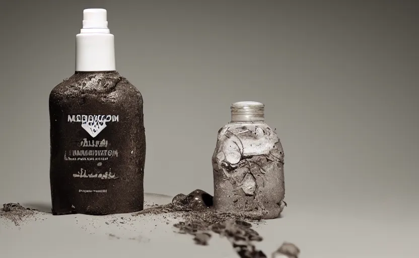 Image similar to a bottle of lotion, sitting in mud, product photography, behance