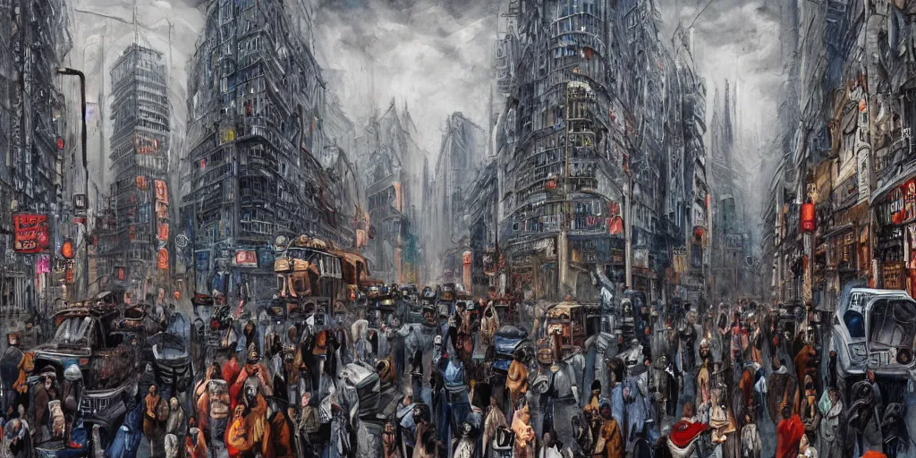 Prompt: a fine detailed painting of a psycho man in the city of pollution with lot of people, ultrarealistic filmic, 16K 3D, cry engine, cosmic distopic art
