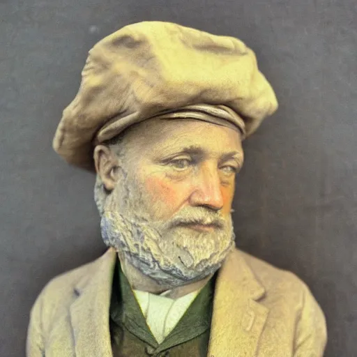 Image similar to hyper realistic closeup bust of a new england fisherman, painted, colorized, bossons vintage chalkware, by emile renouf