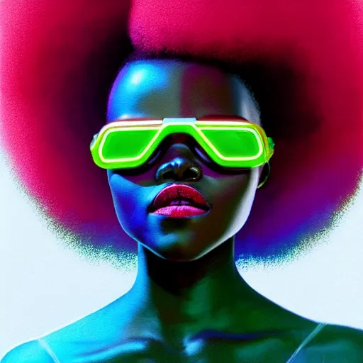 Image similar to Lupita Nyongo wearing opaque reflective goggles profile picture by Greg Rutkowski, brown skin, long afro hair, asymmetrical, futuristic, neon volumetric lights, cool colors, streetwear, studio ghibli, Organic Painting , Matte Painting, geometric shapes, hard edges, street art, trending on the artstation, fantasy LUT, realistic by Sachin Teng + Martin Grip + Moebius, techwear, Industrial Scifi, detailed illustration, character portrait,