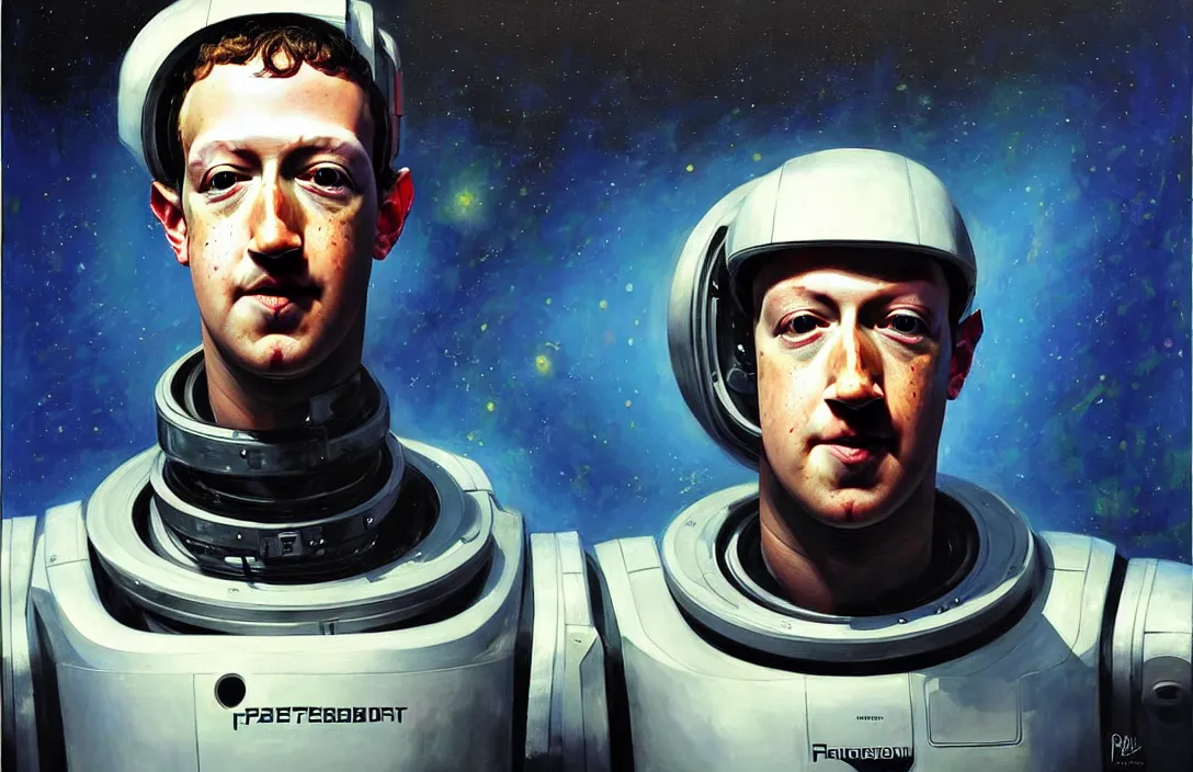 Image similar to portrait of mark zuckerberg as a futuristic space robot!!!!!!!!!!!!!!!!!!!!!!!!!!!, detailed face, detailed painting, epic lighting, by ilya repin, phil hale and kent williams