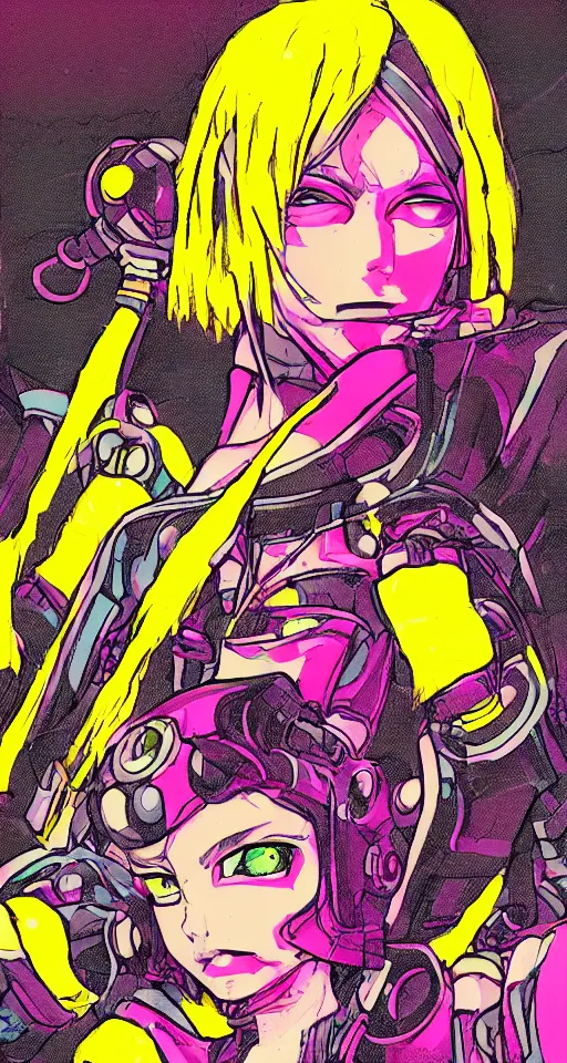 Prompt: portrait of a female cyborg cyberpunk gutterpunk, yellow and pink, in the style of manga