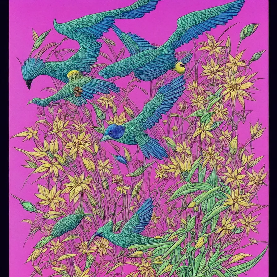 Image similar to ( ( ( ( beautiful flowers and birds, with decorative frame design ) ) ) ) by mœbius!!!!!!!!!!!!!!!!!!!!!!!!!!!, overdetailed art, colorful, artistic record jacket design