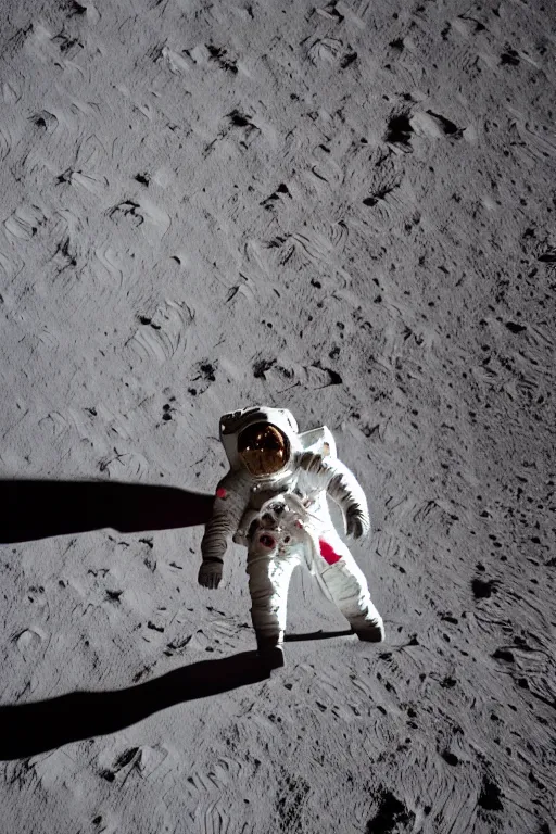 Prompt: afull body photography of an astronaut on the surface of the moon, bottom - view, focus on his foot, low angle, out - space in background, photography, photo - shot, shooting, cinematic lighting, 8 k