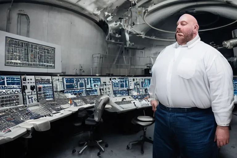 Image similar to heavyset bald man wearing a white shortsleeved shirt and blue jeans working in a nuclear silo control room by Emmanuel Lubezki