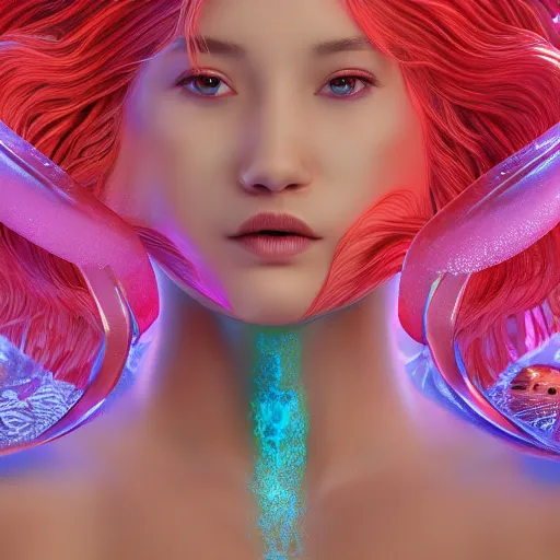 Image similar to Full body photo of the most beautiful goddess, she has a jellyfish head and a siren body by Tooth Wu, trending on Artstation, digital art, symmetrical artwork, cinematic, hyper realism, high detail, octane render, 4k, 8k