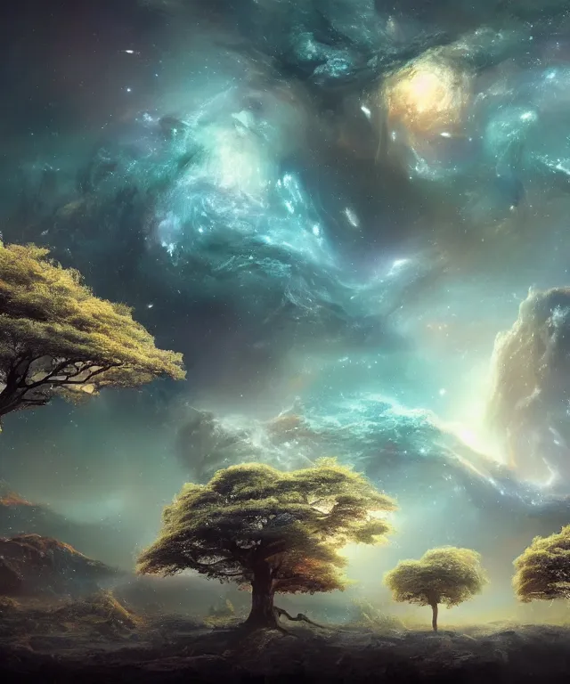 Image similar to a beautiful dreamlike terrain with large twisting trees and the nebula peeking through the sky, digital matte painting by yucong tang