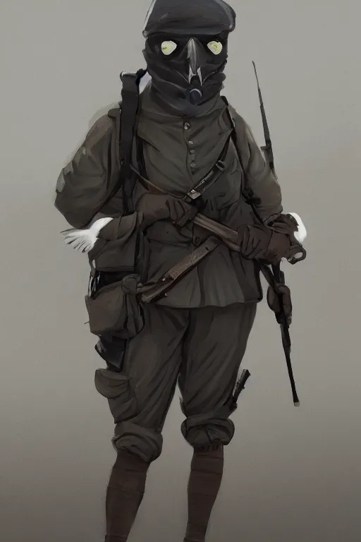 Image similar to ww 1 british sas female masked operative with the standard black uniform and a white porcelain crow mask, artstation, trending on artstation, establishing shot, by simon stalenhag