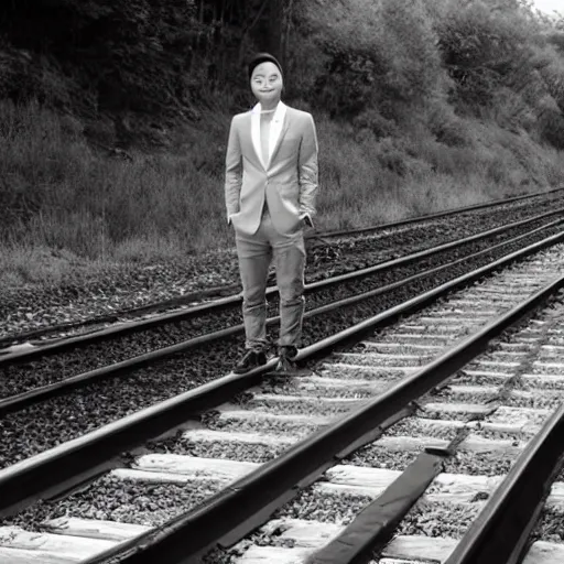 Image similar to justin sun tied to train tracks