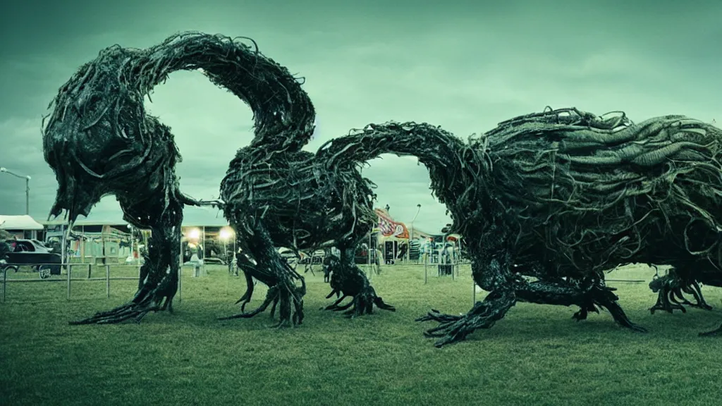 Image similar to the strange creature at the county fair that hid at night, made of metal, film still from the movie directed by Denis Villeneuve with art direction by Salvador Dalí, long lens