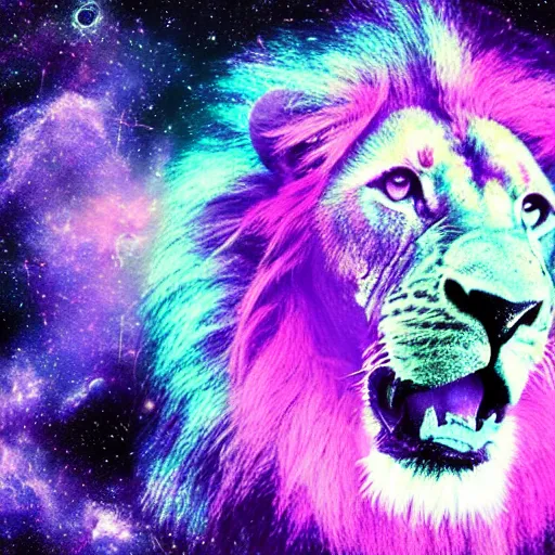 Image similar to an electric purple lion in space