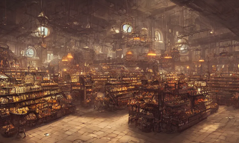 Prompt: Interior of a Steampunk grocery store Greg Rutkowski, ArtStation, CGSociety, Unreal Engine
