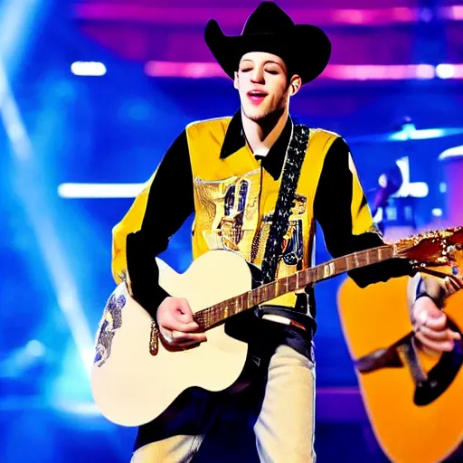 Image similar to pete davidson has a really nice electric guitar and plays it while wearing a cowboy hat and cowboy outfit