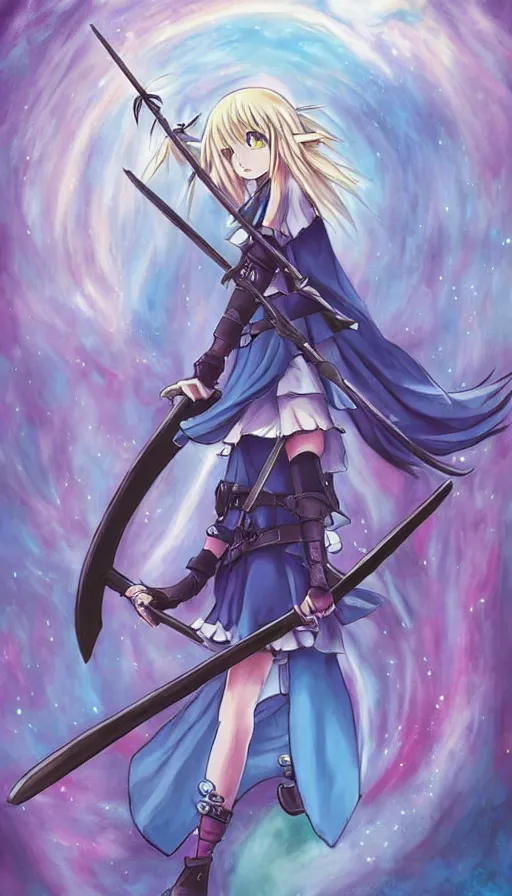 Image similar to a beautiful link drawing of the being death as a cute anime girl with a giant scythe from a studio ghibli film inspired by the death tarot card, dark vibes, pastel colors