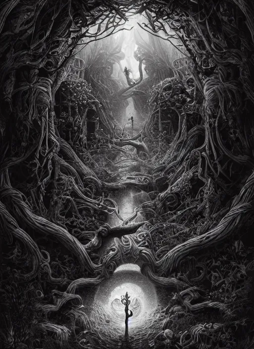 Prompt: a photorealistic dramatic hyperrealistic render of exploring eerie pan's labyrinth by joe fenton, poster art design, intricate details, beautiful dynamic dramatic dark moody tones and lighting, shadows, cinematic atmosphere, octane render, 8 k