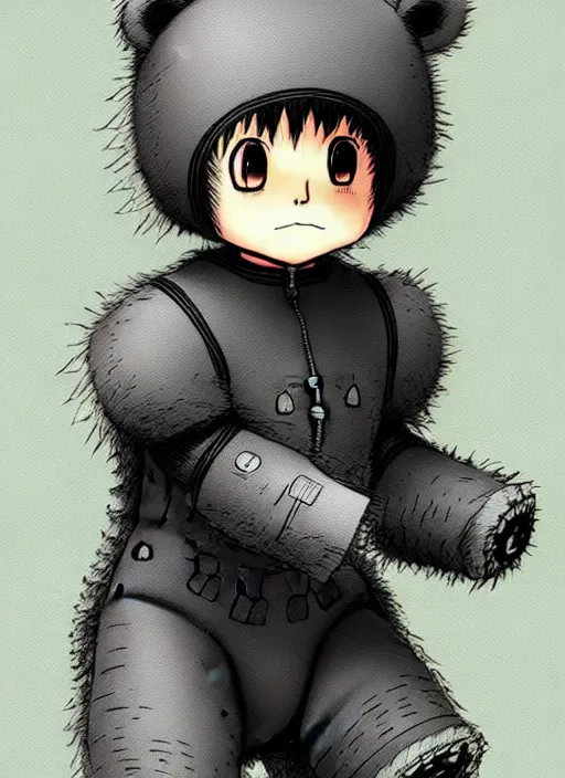 Image similar to beautiful little boy wearing an cyborg bear suit, artwork in kentaro miura and made in abyss and rosdraws, smooth, beautiful lightness, anatomically correct, trending on pixiv, forest