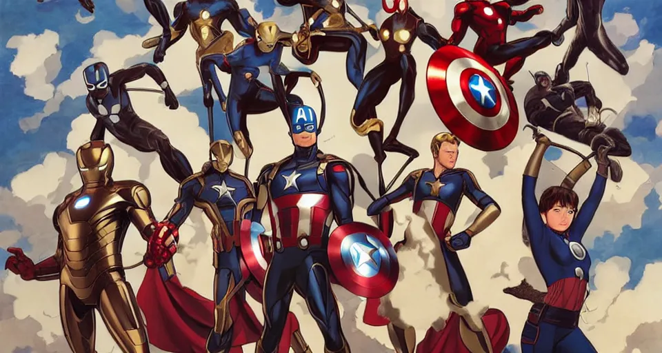 Image similar to the avengers, in the style of studio ghibli, j. c. leyendecker, greg rutkowski, artgerm