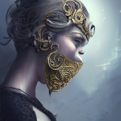 Image similar to Very very very very highly detailed epic photo of face with venetian mask, intricate, dystopian, sci-fi, extremely detailed, digital painting, artstation, concept art, smooth, sharp focus, illustration, intimidating lighting, incredible art by Artgerm