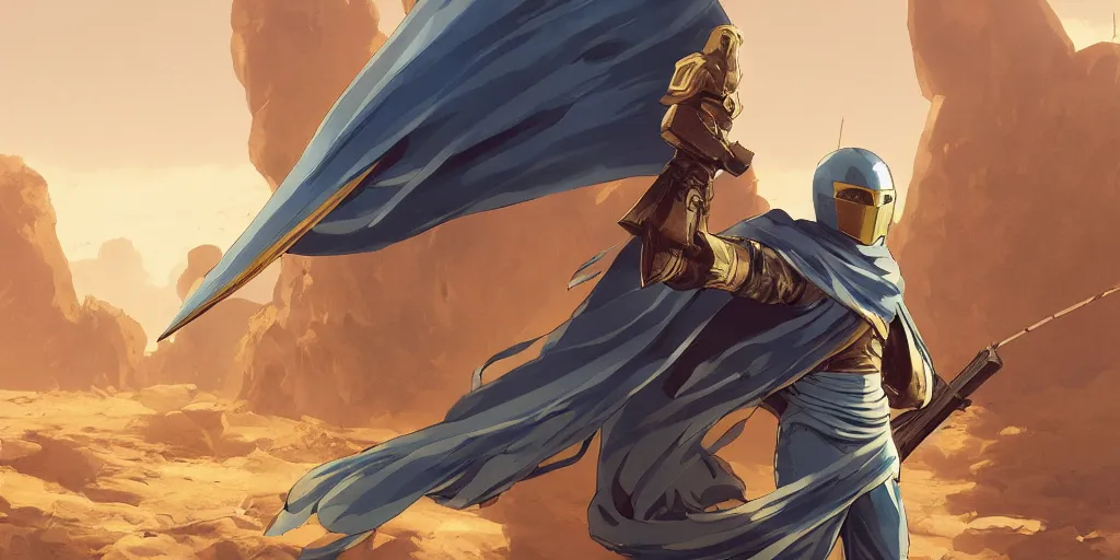 Image similar to blue knight holding a gold sword, green hatchback car screen left, low wide angle, anime, desert landscape, greg rutkowski, Murata, one punch man manga, cinematic, digital art, hyper realistic