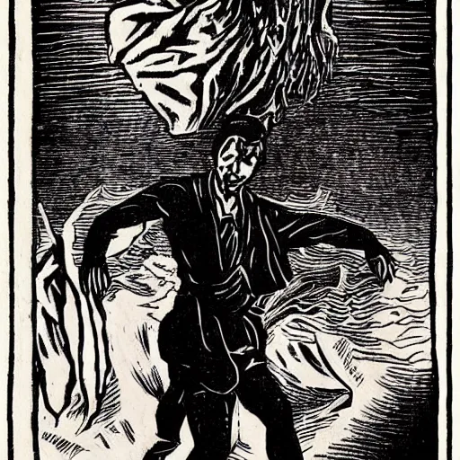 Prompt: Woodcut cover for “Gods' Man,” a 1929 black-and-white wordless novel that tells a Faustian tale of ambition, love, greed and death. It's by the illustrator and woodcut artist Lynd Ward