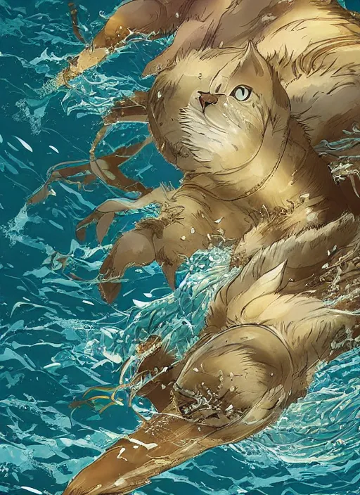 Prompt: illustration of one giant cat in the middle of the sea by miyazaki, hiroyuki kato, keisuke goto, highly detailed