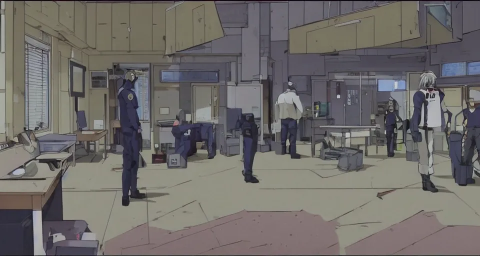 Image similar to Scene within the location called 'Public security section 9'. Police station interior. Screenshot from an episode of the anime 'Ghost in the shell: Stand Alone Complex' (2003). Produced by 'Production I.G'. Original manga by Masamune Shirow. Art direction by Kazuki Higashiji and Yuusuke Takeda.