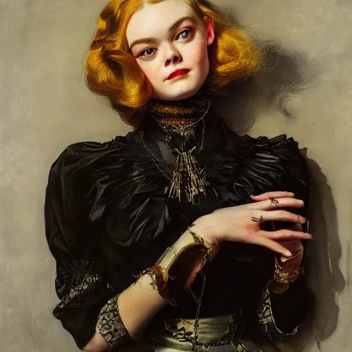 Prompt: elle fanning in prey picture by j. c. leyendecker and peter paul rubens, asymmetrical, dark vibes, realistic painting, organic painting, matte painting, geometric shapes, hard edges, graffiti, street art : 2 by j. c. leyendecker and peter paul rubens : 4