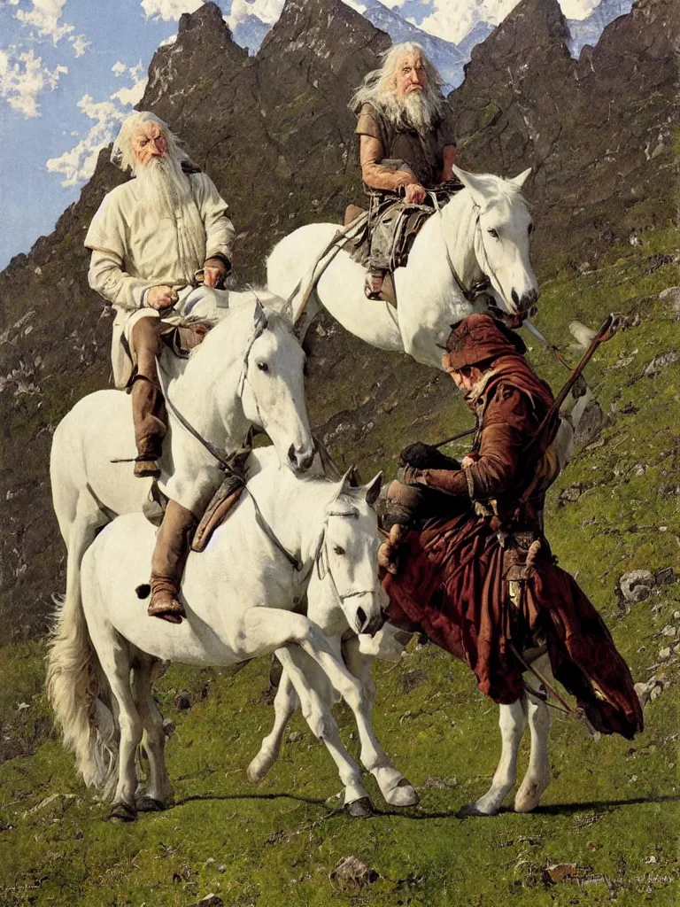 Image similar to a Portrait of gandalf the grey riding a White horse in the mountains by Norman Rockwell