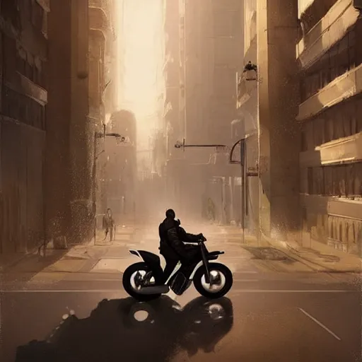 Prompt: a man riding a motorcycle down a street next to a tall building, concept art by cedric peyravernay, trending on cgsociety, fantasy art, speedpainting, matte painting, cityscape