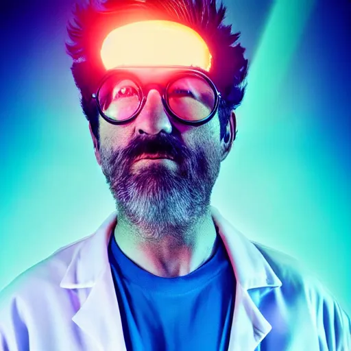 Image similar to portrait of rick sanchez, lab coat and tee shirt, lens flare, atmosphere, glow, detailed, intricate, full of colour, cinematic lighting, 4 k, hyperrealistic, focused, extreme details, cinematic, masterpiece