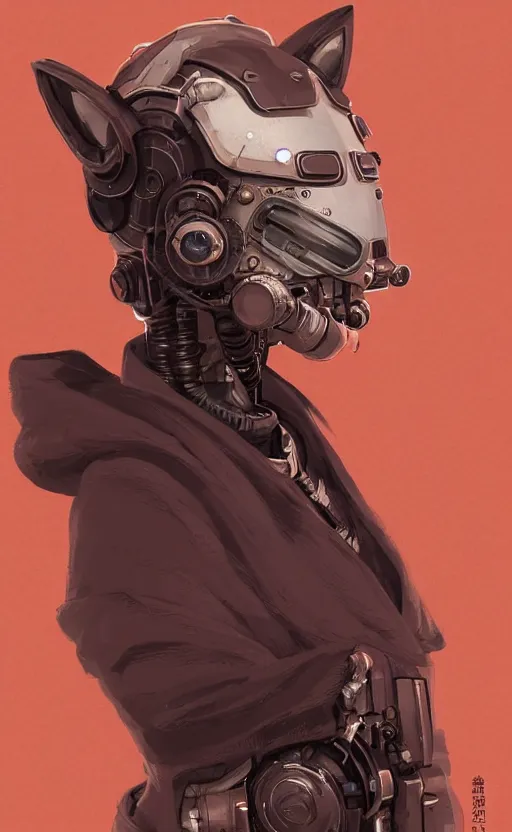 Image similar to a geisha cybernetic enhancements wearing a fox face mask, kimono, detailed mask, scifi character portrait by greg rutkowski, esuthio, craig mullins, 1 / 4 headshot, cinematic lighting, dystopian scifi gear, gloomy, profile picture, mechanical, half robot, implants, steampunk